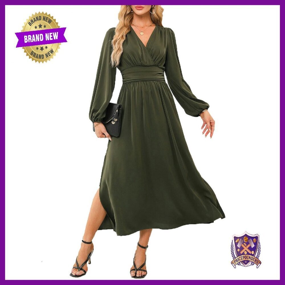 Wrap V-Neck Empire Waist Maxi Dress Lantern Sleeve Ruched Side Slit
